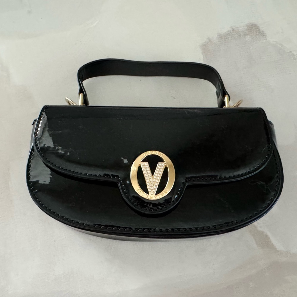 Valentino Orlandi Black Patent Handbag with Top Handle and Removable Strap